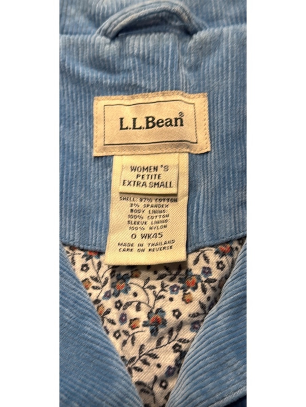 L.L.Bean Women's Vintage Petite XS Light Blue Soft Corduroy Jacket Floral Lining